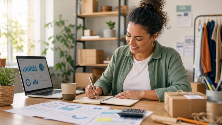 Empreendedora estudando planejamento de negócio em mesa com notebook, caderno e calculadora