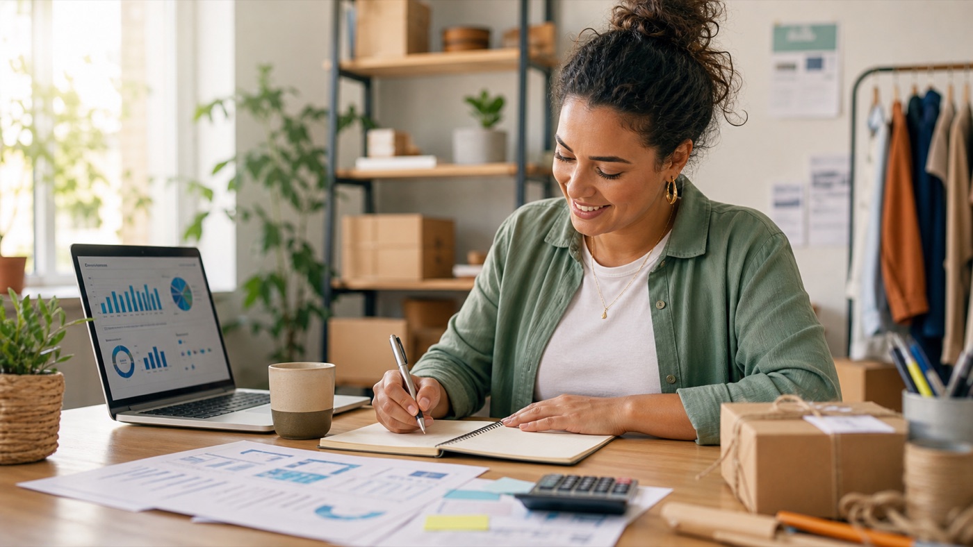 Empreendedora estudando planejamento de negócio em mesa com notebook, caderno e calculadora