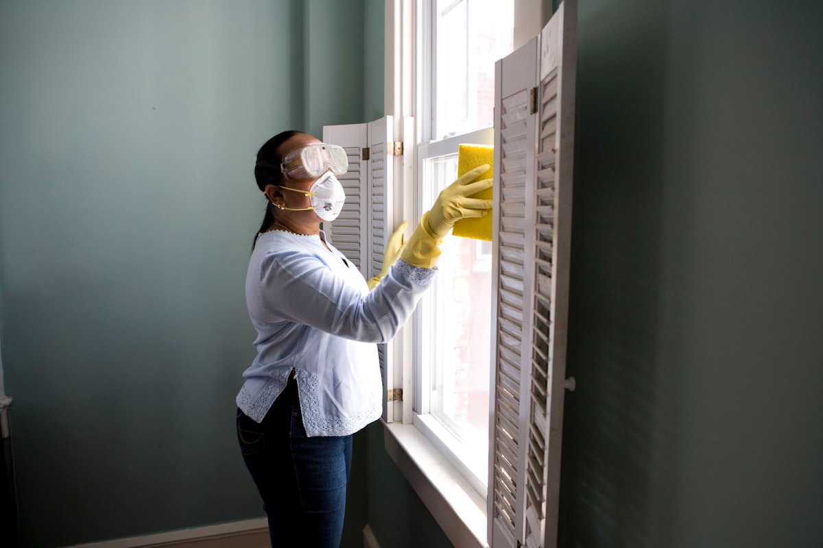 Profissional de limpeza higienizando ambiente